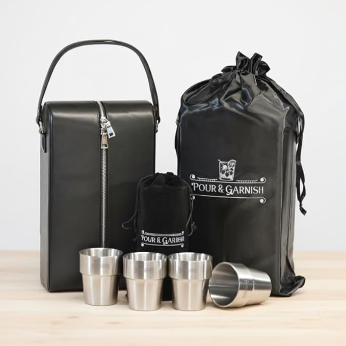 POUR & GARNISH Bourbon Whiskey & Wine Double Bottle Travel Bag with 4 Stainless Steel Double-Walled Vacuum Insulated Glasses - Makes a Great Gift!
