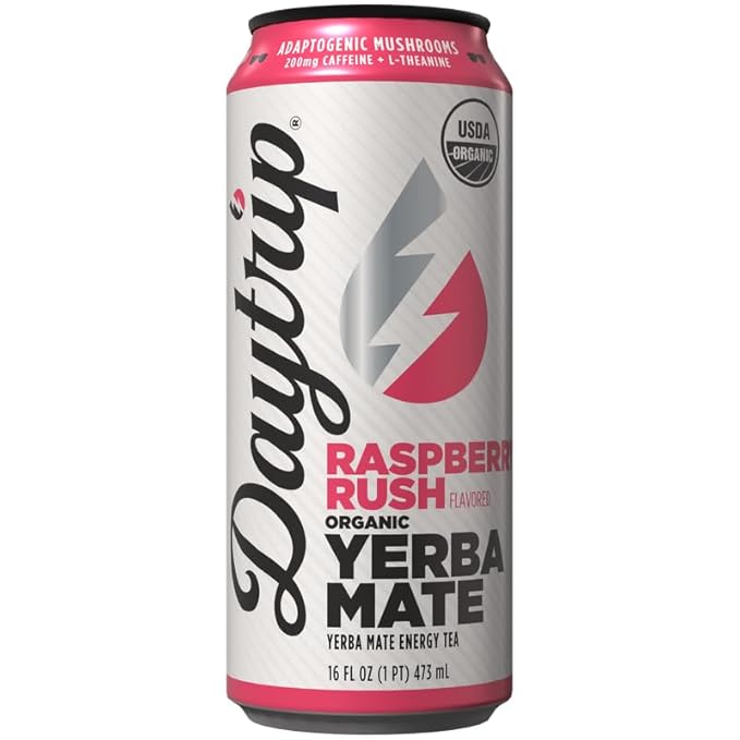 Daytrip Organic Yerba Mate Energy Drink- Clean, Plant Based Caffeine (200mg) with Adaptogenic Mushrooms and Green Tea for Focus and Brain Fog - Low Calorie, Low Sugar (12 Pack Case)