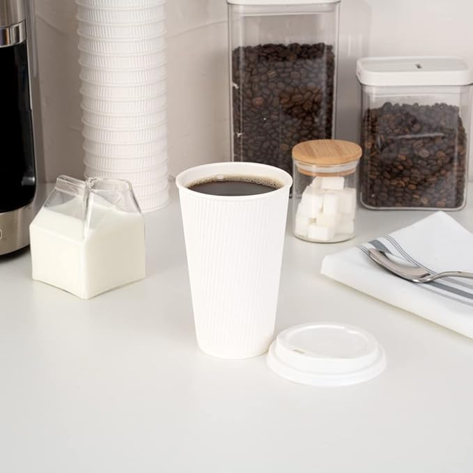 Restaurantware 16 Ounce Ripple Wall Disposable Coffee Cups, 500 Insulated White Paper Tumblers with Rolled Rim Design, Lids Sold Separately for Hot Drinks like Tea, Hot Chocolate and More