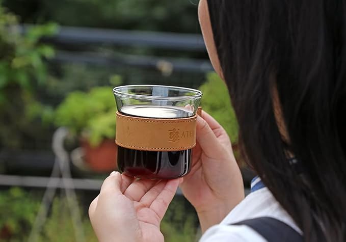 THIA Glass Pour Over Coffee Dripper Set, Glass Cone Dripper, Reusable Cloth Filter, Leather Cup Sleeve, Minimal Single Cup on the Go (Walnut Wood)