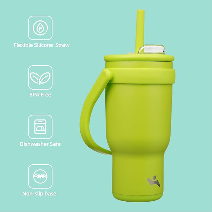 30 oz Tumbler with Side Handle, Insulated Water Bottle with Straw and 2 in 1 Lid, Stainless Steel Cup Travel Coffee Mug for Sports Office Gym,Green