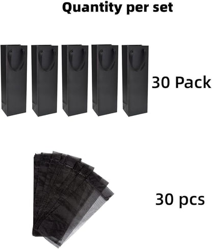YUBONCE 60-Pack Black Wine Gift Bag With Organza Bottle Bags, Kraft Paper Tote Bags for Whiskey/Spirits, Reusable