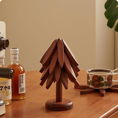Wooden Trivets for Hot Dishes, Wooden Tree Coasters Tree Shape Trivet Set for Hot Pots and Pans, Foldable Kitchen Walnut Table Mat for Easy Storage, Coaster with 4 Wooden Trivets,1 Stand