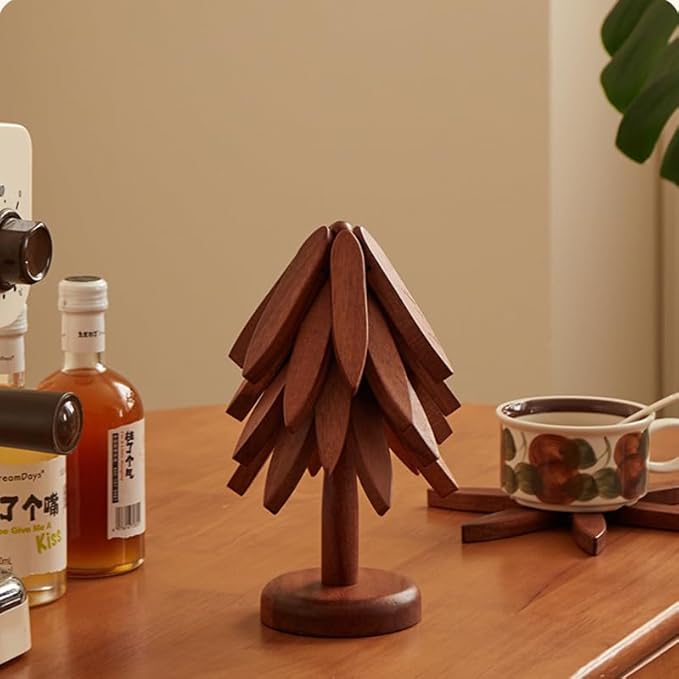 Wooden Trivets for Hot Dishes, Wooden Tree Coasters Tree Shape Trivet Set for Hot Pots and Pans, Foldable Kitchen Walnut Table Mat for Easy Storage, Coaster with 3 Wooden Trivets,1 Stand