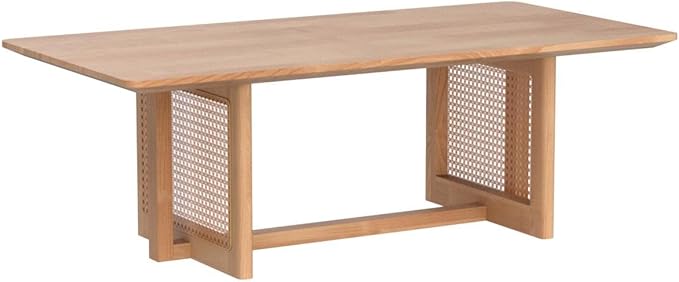Mid Century Modern Wood Coffee Table with PE Rattan Stand, 47 Inch Rectangular Solid Wood Boho Coffe Table, Unique Center Cocktail Table for Livinig Room Apartment Office