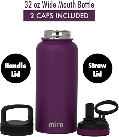 MIRA 32 oz Insulated Water Bottle - Stainless Steel Sports Flask with 2 Lids (Straw & Handle) - Cold Drink Thermo - Iris