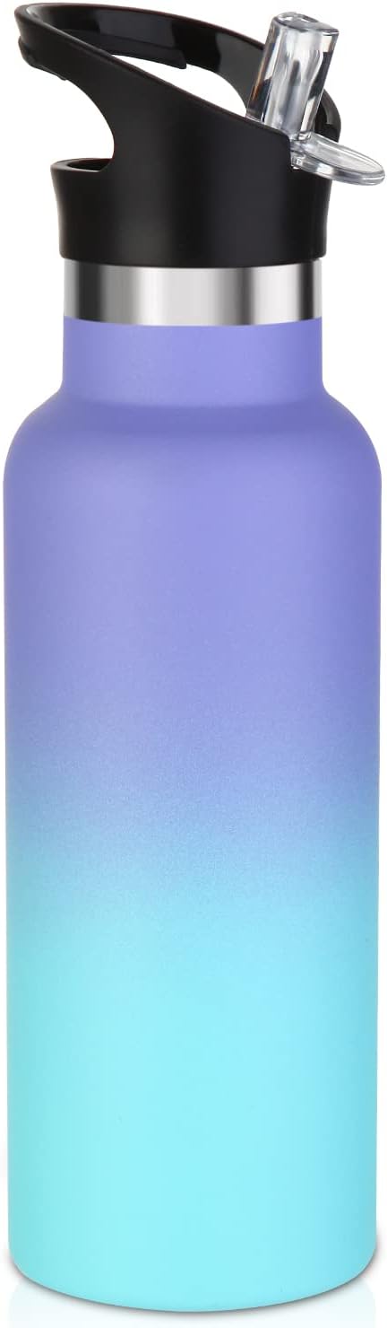 Volhoply 17oz Kids Insulated Water Bottle,Stainless Steel Water Bottles with Straw Lid,Double Wall Vacuum Metal Cups Water Bottle,Reusable Sports School Water Flask Keep Cold(Purple Blue,1 Set)