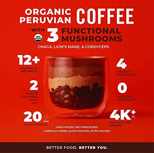 Laird Superfood Peruvian Medium Roast Coffee with Functional Mushrooms, Certified Organic Peruvian Ground Coffee Beans, Gluten-Free, Dairy-Free, Non-GMO, Paleo, Keto Friendly, 12 oz. Bag