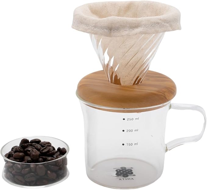 ATHIA Glass Pour Over Coffee Maker Set, Glass Cone Dripper, Reusable Cloth Filter, Minimal Single Cup on the Go,Olive wood_light color