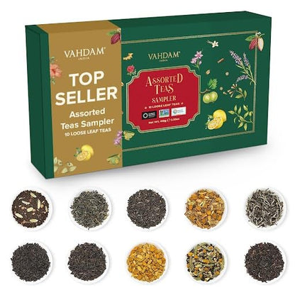 VAHDAM, Assorted Loose Leaf Tea Gift Set (10 Flavors) Gift Ideas for Women & Men | Herbal Tea, Green Tea, Chai Tea & Black Tea Sampler| Non-GMO, Gluten Free | Gifts for Him/Her