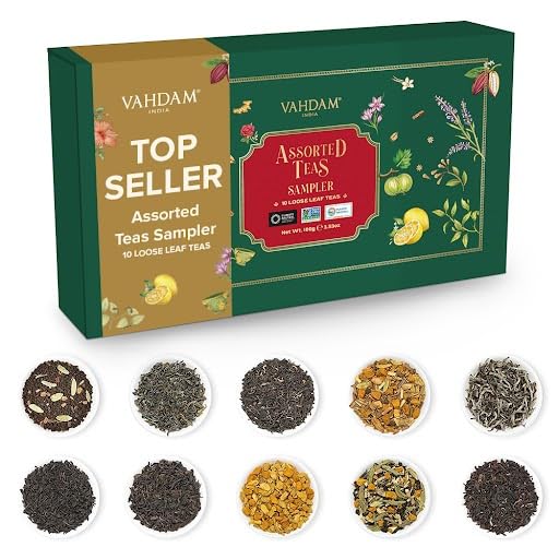 VAHDAM, Assorted Loose Leaf Tea Gift Set (10 Flavors) Gift Ideas for Women & Men | Herbal Tea, Green Tea, Chai Tea & Black Tea Sampler| Non-GMO, Gluten Free | Gifts for Him/Her