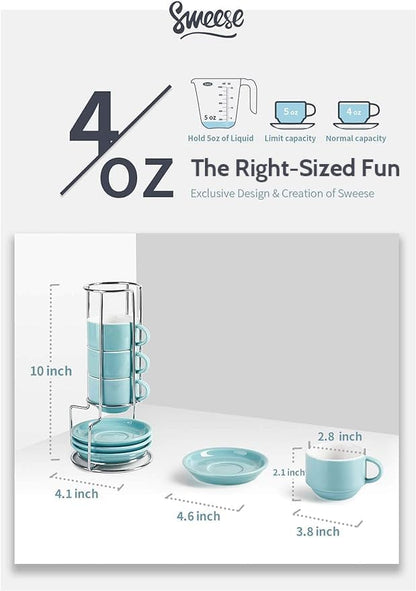 Sweese 4 Ounce Porcelain Stackable Espresso Cups with Saucers and Metal Stand Set of 4, Turquoise
