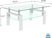 Glass Coffee Table Rectangle White Living Room Center Table, 39inch Transparent Tempered Glass Tabletop and Metal Frame, White + Clear Glass