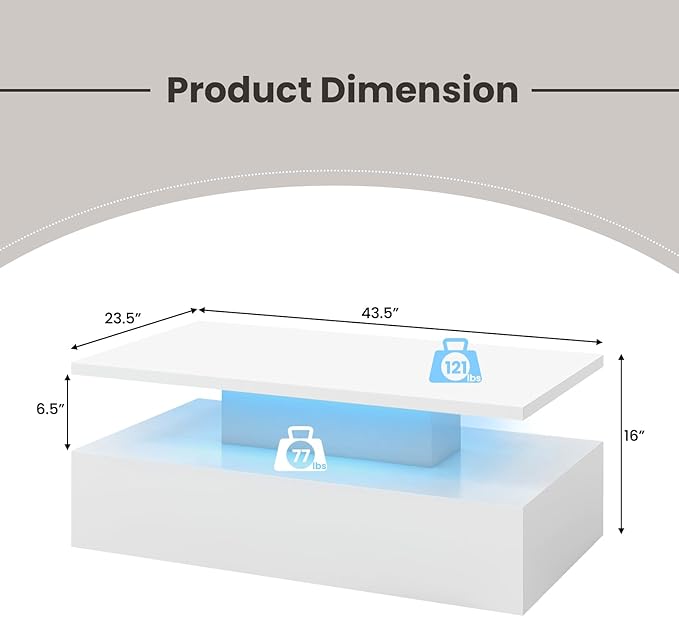 Tangkula LED Coffee Table, Modern High Gloss Coffee Table w/ 20-Color LED Lights, Adjustable Speed & Brightness, Remote Control, Open Shelf, 2-Tier Rectangle Living Room Center Table (White)