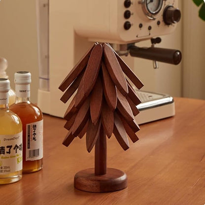 Wooden Trivets for Hot Dishes, Wooden Tree Coasters Tree Shape Trivet Set for Hot Pots and Pans, Foldable Kitchen Walnut Table Mat for Easy Storage, Coaster with 3 Wooden Trivets,1 Stand