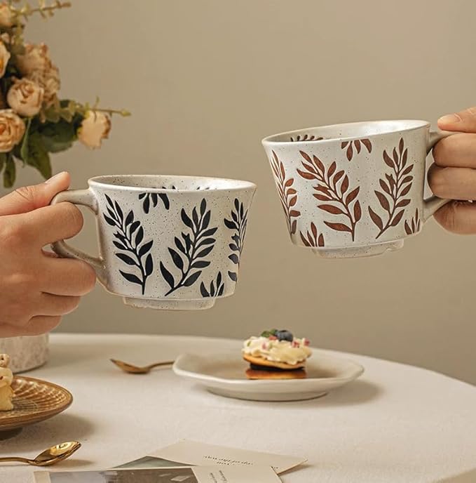 Ceramic Mug 1pcs, 11oz - Vintage Coffee Mug, Pottery Cups for Milk, Latte, Cappuccino, Tea - Porcelain Dishwasher, Microwave Safe Stoneware 1 PCS Olive Black Leave Set of 1