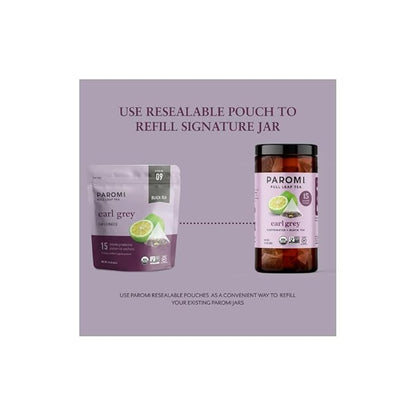 Paromi Earl Grey Organic Black Tea, Signature Jar, 15 Count (Pack of 6)