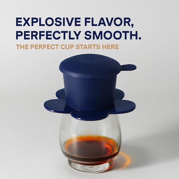 [Holiday Gift] Vietnamese Phin Filter, Plastic Reusable Pour Over Coffee Dripper, Single Cup Coffee Filter with Flower Design for Manual Brewing, Gift for Christmas Thankgiving (Navy)