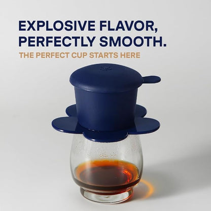 [Holiday Gift] Vietnamese Phin Filter, Plastic Reusable Pour Over Coffee Dripper, Single Cup Coffee Filter with Flower Design for Manual Brewing, Gift for Christmas Thankgiving (Navy)
