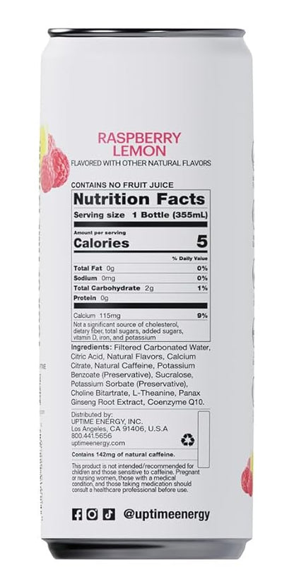 UPTIME Energy Drink, Raspberry Lemon Sparkling, 12 Pack, Vitamin C, L Theanine, Calcium, Sugar Free Energy Drinks for Focus Support, 142mg of Natural Caffeine, 5 Calories, Natural, 12 fl oz Cans