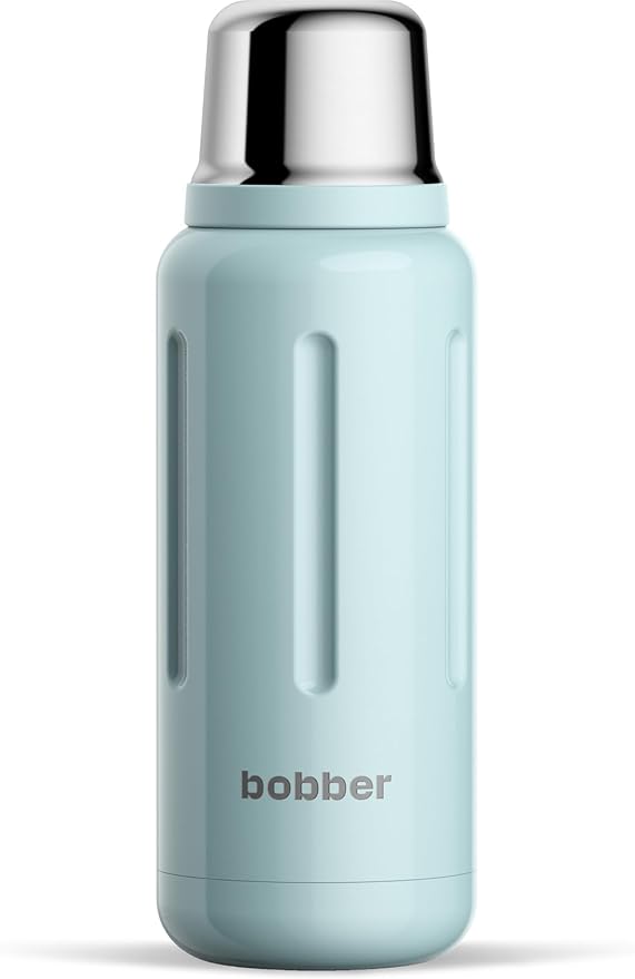 BOBBER 34 oz Stainless Steel Travel Thermos for Hot and Cold Drinks – Dishwasher Safe Metal Water Bottle with Cup Lid – Keeps Hot for 48 Hours – BPA-Free, Vacuum Insulated (Light Blue)
