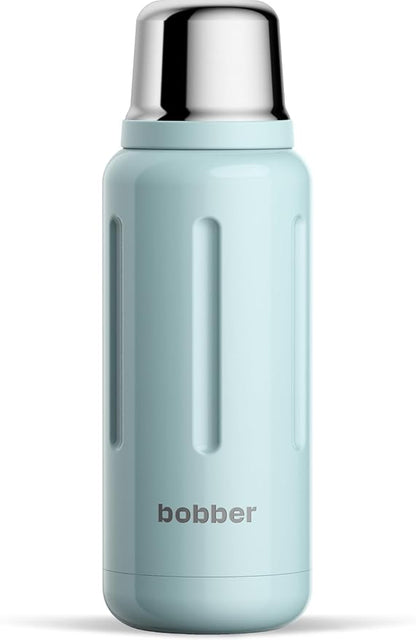 BOBBER 34 oz Stainless Steel Travel Thermos for Hot and Cold Drinks – Dishwasher Safe Metal Water Bottle with Cup Lid – Keeps Hot for 48 Hours – BPA-Free, Vacuum Insulated (Light Blue)