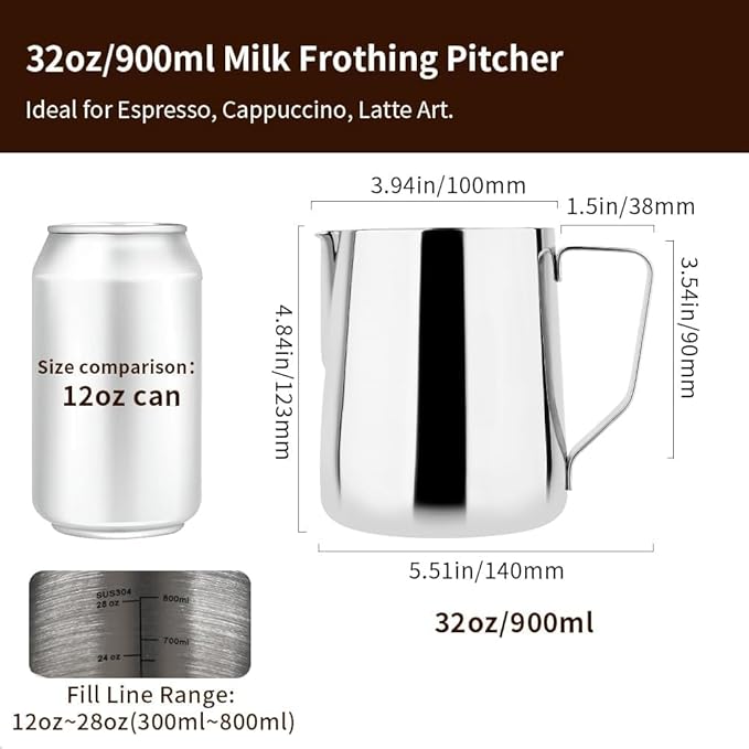 watchget Milk Frothing Pitcher 32oz/900ml - Stainless Steel Frothing Pitcher Espresso Steaming Pitcher Coffee Frother Cup Cappuccino Latte Art Coffee Machine Accessories Milk Jug, Silver
