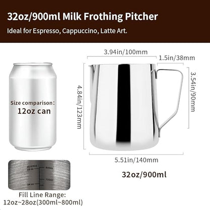 watchget Milk Frothing Pitcher 32oz/900ml - Stainless Steel Frothing Pitcher Espresso Steaming Pitcher Coffee Frother Cup Cappuccino Latte Art Coffee Machine Accessories Milk Jug, Silver