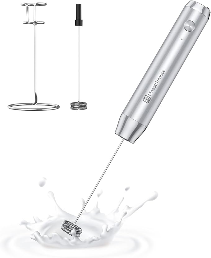 Maestri House Rechargeable Milk Frother with Stand, LunaFro Handheld Electric Foam Maker Waterproof Detachable Stainless Steel Whisk Drink Mixer Foamer for Lattes, Cappuccino