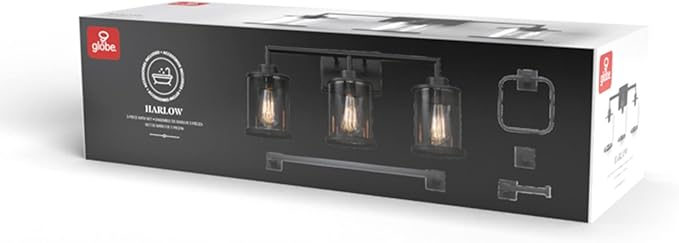 GLOBE Electric 52059 Harlow 5-Piece All-in-One Bathroom Set, Matte Black, 3-Light Vanity Light with Clear Glass Shades, Towel Bar, Toilet Paper Holder, Towel Ring, Robe Hook