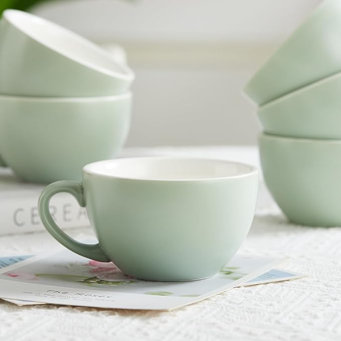 Set of 6 Matte Green 10 oz Professional Barista Ceramic Latte Art Cappuccino Cups Set (Matte Green * 6)