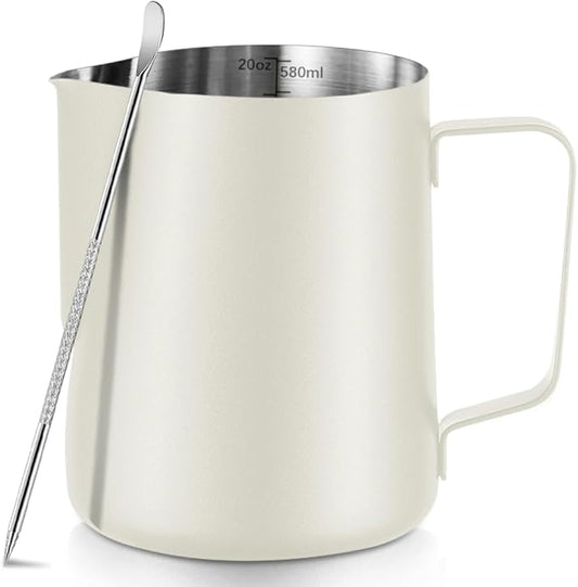 Frothing Milk Pitcher, 20 oz/600 ml Stainless Steel Frothing Milk Jug with Latte Art Pen,with Internal Measurements, for Cappuccino-White