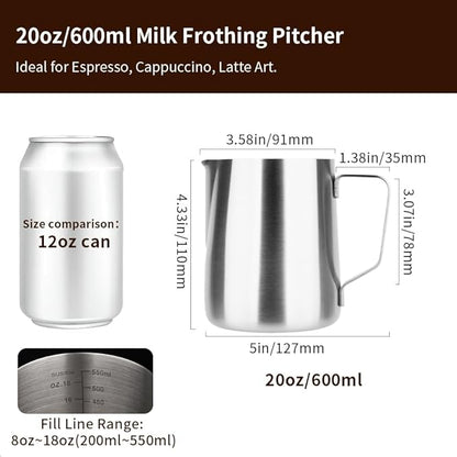 watchget Stainless Steel Milk Frothing Pitcher 20oz/600ml - Espresso Steaming Pitcher for Cappuccino, Latte Art, Coffee Machine Accessories Milk Jug Coffee Frother Cup, Matt Silver