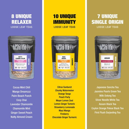 Tiesta Tea - Tiesta Tastings Sampler Dry Flight Set, Loose Leaf, High to No Caffeine, Makes Hot and Iced, Assorted Tea Sets with Herbal, Chai, Fruit Blend & More, 45 Resealable Sample Pouches