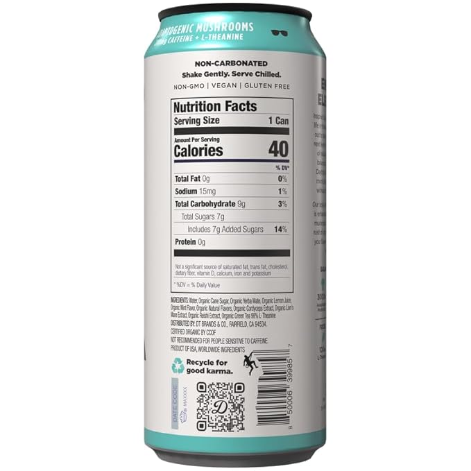 Daytrip Organic Yerba Mate Energy Drink- Clean, Plant Based Caffeine (200mg) with Adaptogenic Mushrooms and Green Tea for Focus and Brain Fog - Low Calorie, Low Sugar (12 Pack Case)