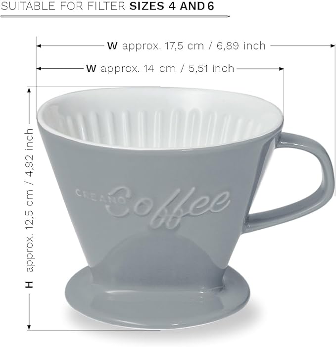 Creano XXL Porcelain Coffee Dripper Stone Grey - Ceramic Cone Brewer - Pour Over Coffee Maker - Filter Size 4 - huge and heavy quality 800gr/28oz - 6 Colours availeble