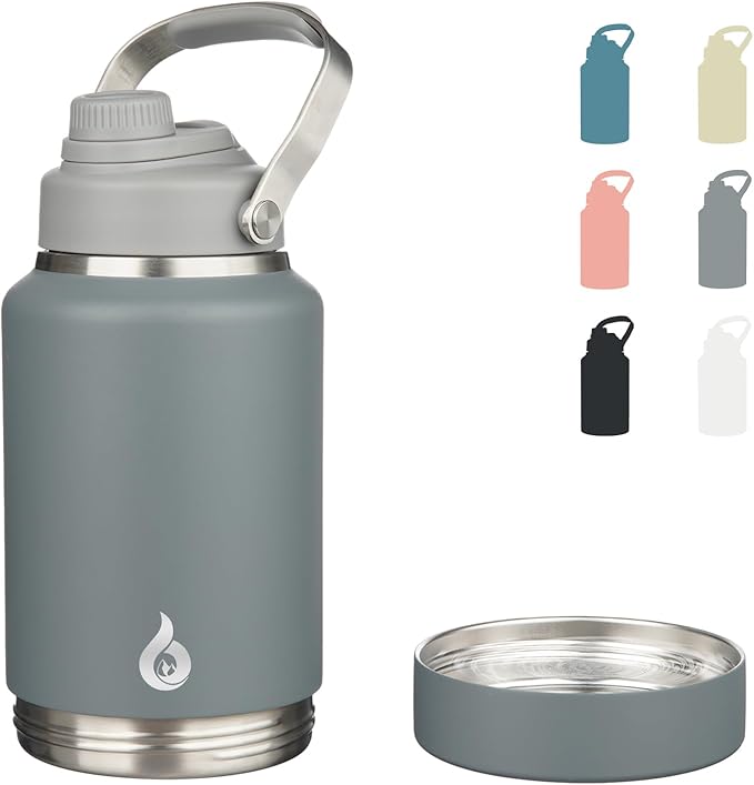 BJPKPK 64oz Insulated Water Bottles, Dishwasher Safe Half gallon Water Bottle with Metal Handle, BPA Free Spout Lid & Detachable Bowl, Large Stainless Steel Jugs, Grey