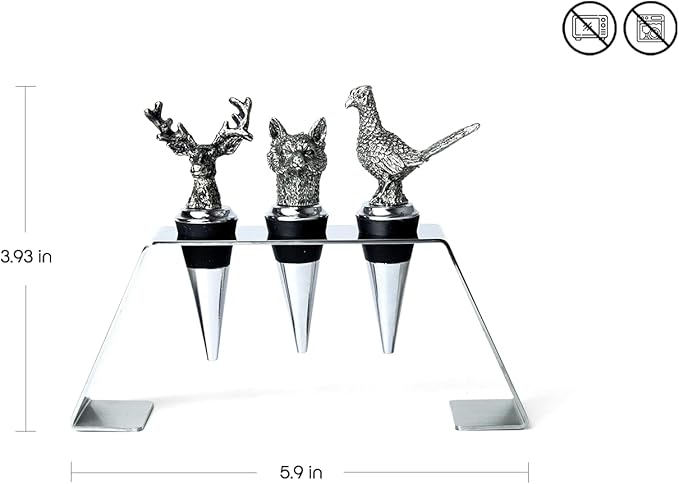 Regent Stainless Steel 3-Piece Animal Stoppers Set (Trapezium Holder) Classic Design 3 Piece Wine Stopper Set, Bottle Stoppers with stand - Set of 3