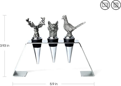 Regent Stainless Steel 3-Piece Animal Stoppers Set (Trapezium Holder) Classic Design 3 Piece Wine Stopper Set, Bottle Stoppers with stand - Set of 3