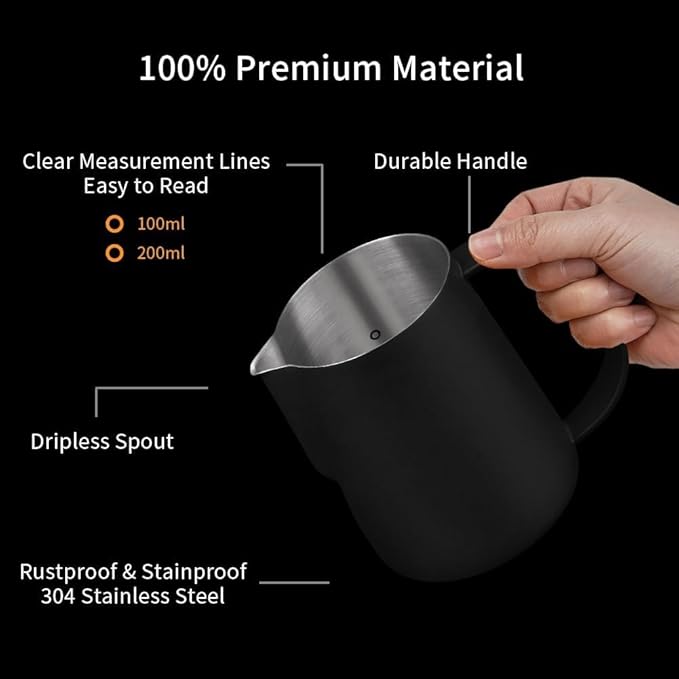 watchget Milk Frothing Pitcher 250ml/8oz Stainless Steel Espresso Steaming Pitcher Milk Coffee Cappuccino Latte Art Barista Steam Pitcher Milk Frothing Jug, Black