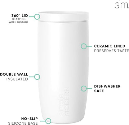 Simple Modern Travel Coffee Mug Tumbler with 360° Lid | Ceramic-Lined Insulated Stainless Steel Cold Brew Iced Coffee Cup Thermos | Gift for Women Men Her Him | Voyager Signature | 16oz | Winter White
