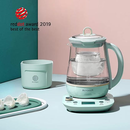 BUYDEEM Health Pot K2763 Lite, Glass Electric Kettle for Tea & Coffee, Hot Water Boiler and Wamer with Stew Pot, Temperature Control, Green, 1.5L