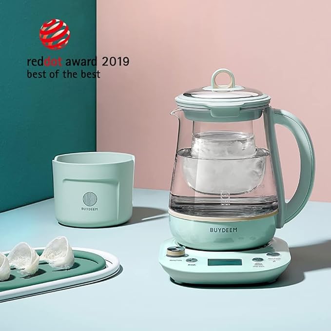 BUYDEEM Health Pot K2763 Lite, Glass Electric Kettle for Tea & Coffee, Hot Water Boiler and Wamer with Stew Pot, Temperature Control, Green, 1.5L