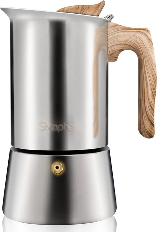 Sivaphe Stovetop Espresso Maker Stainless Steel 9 Cups, Induction-Capable Mocha Pot 450ml, Coffee Percolator with Replacement Silicone Gasket Steel Filter and Instructions (1 Cup=50ml)
