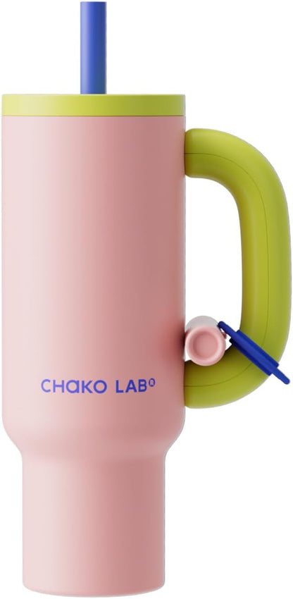 BaWang Insulated Stainless Steel Tumbler | Tumbler with Handle and Straw 33oz | Cup Holder Friendly for Travel | Leakproof Water Bottle | BPA-Free | 316 stainless steel liner| pink＆green
