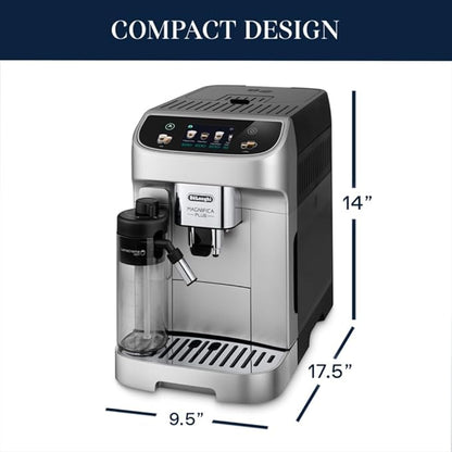 De'Longhi Magnifica Plus Fully Automatic Espresso Machine - Brew 18+ One Touch Coffee Recipes for up to 4 User Profiles, Automatic Milk Steam Wand & Built-in Grinder, Touchscreen Display