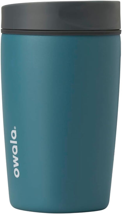 Owala SmoothSip Slider Insulated Stainless Steel Coffee Tumbler, Reusable Iced Coffee Cup, Hot Coffee Travel Mug, BPA Free 12 oz, Grey/Blue (High Dive)