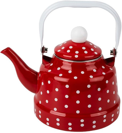 DOITOOL Vintage Tea Kettle 1.1 L Enamel Tea Kettle with Handle, Stove Top Water Kettle Coffee Tea and White Polka Dot with Stainless Steel Filter for Home Kitchen
