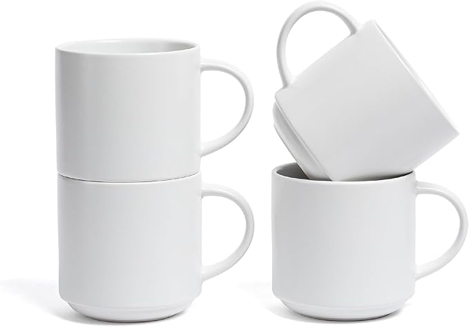over&back Coffee Mugs Set of 4 – 14oz Ceramic Coffee Mug for Tea, Latte & More – Stackable Stoneware Coffee Cups with Semi-Matte White Finish – Durable & Stylish Drinkware