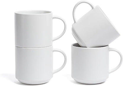 over&back Coffee Mugs Set of 4 – 14oz Ceramic Coffee Mug for Tea, Latte & More – Stackable Stoneware Coffee Cups with Semi-Matte White Finish – Durable & Stylish Drinkware